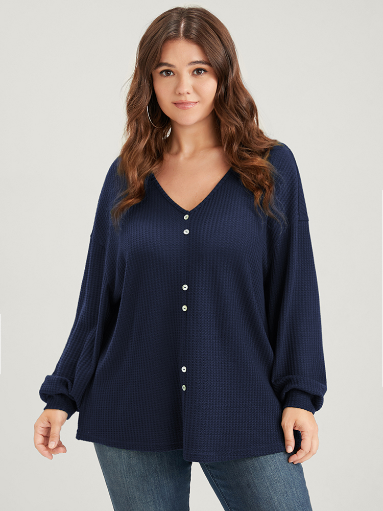 

Plus Size Solid Fake Button Waffle Knit Drop Shoulder Sweatshirt Women DarkBlue Elegant Plain V-neck Dailywear Sweatshirts BloomChic