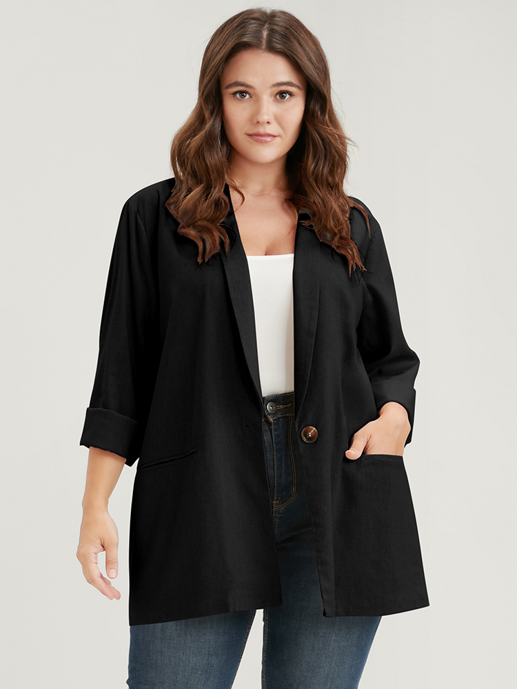 

Plus Size Solid Button Pocket Lapel Collar Blazer Black Women Work Plain Plain Sleeve Long Sleeve Lapel Collar  Pocket Office Blazers BloomChic