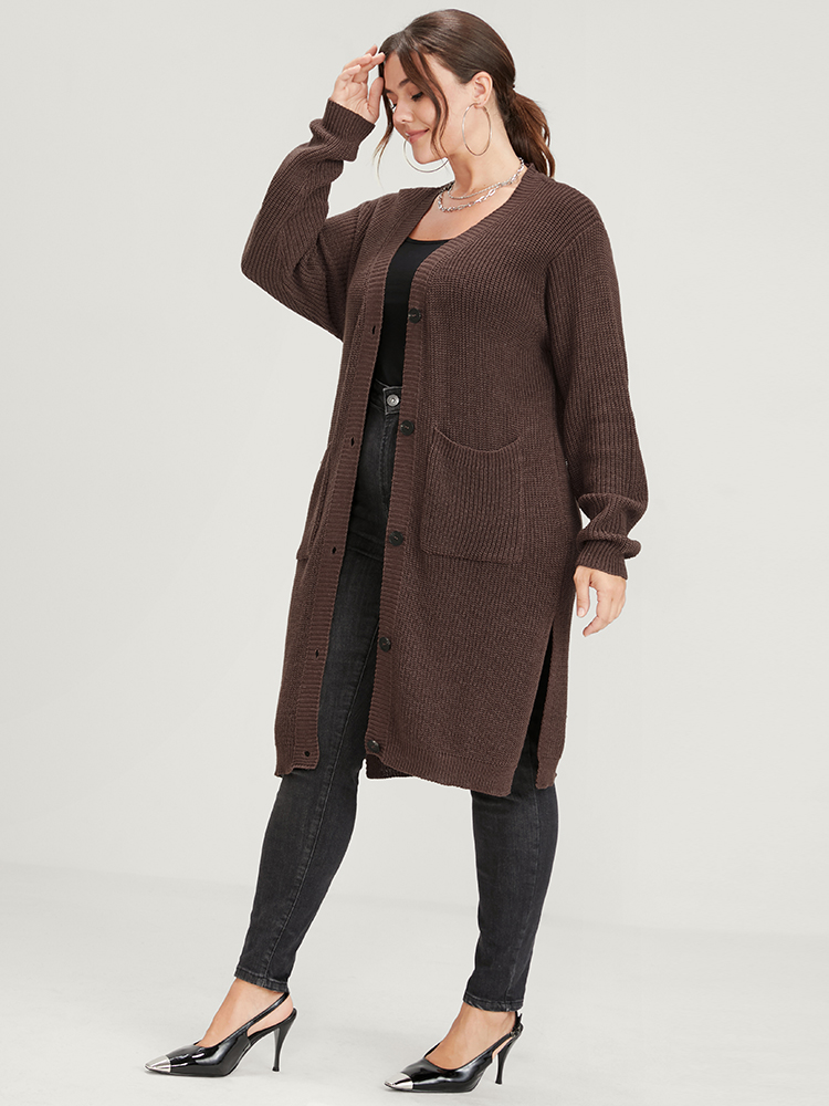 

Plus Size Plain Pointelle Knit Split Hem Pocket Button Front Long Cardigan DarkBrown Women Casual Loose Long Sleeve Dailywear Cardigans BloomChic