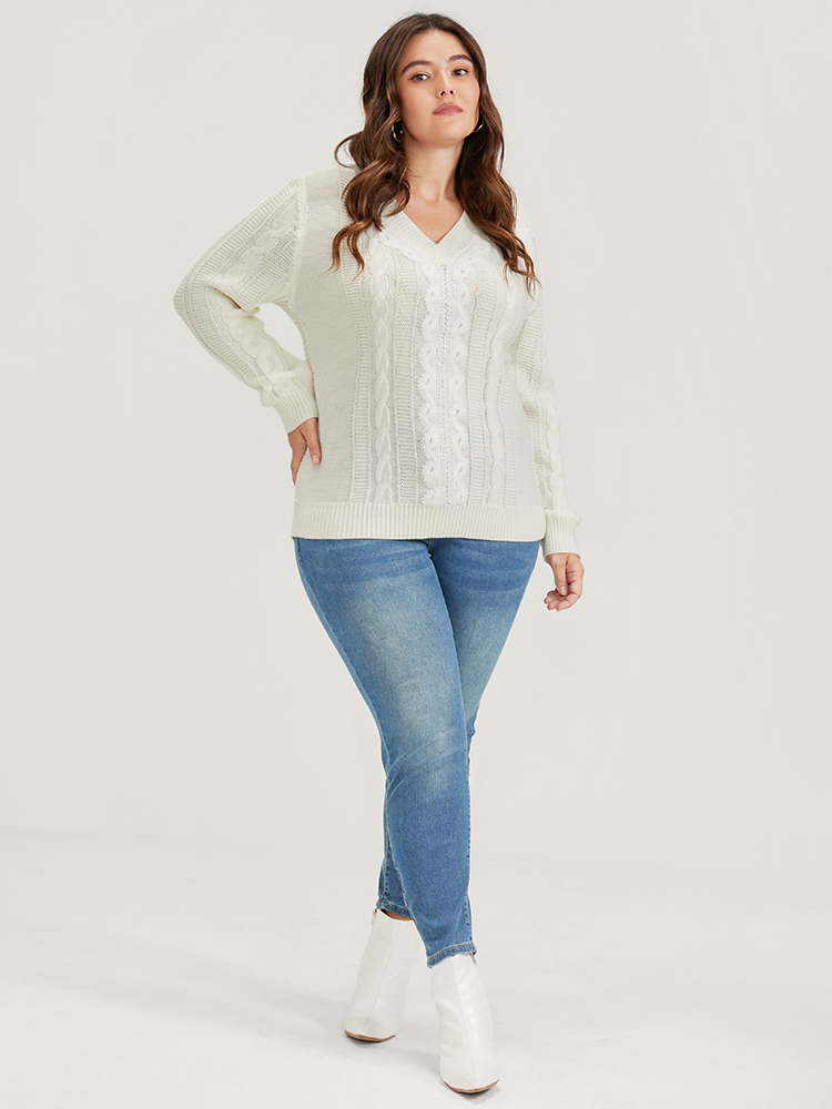 

Plus Size Plain Pointelle Knit V Neck Cable Knit Lace Patchwork Knit Top White Women Elegant Loose Long Sleeve V-neck Dailywear Pullovers BloomChic