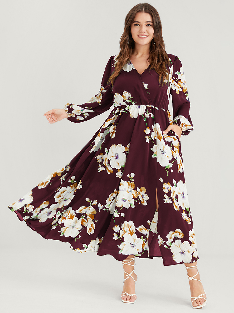 

Plus Size Bloom Dress - Floral Lantern Sleeve Pocket Split Surplice Neck Flutter Maxi Dress Burgundy Women Elegant Printed V-neck Long Sleeve Curvy Long Dress BloomChic