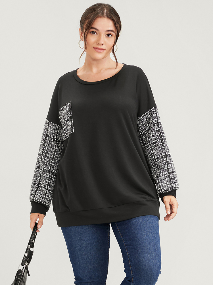 Plus Size Women Dailywear Geometric Patchwork Regular Regular Sleeve Long Sleeve Round Neck Pocket Casual Sweatshirts BloomChic 