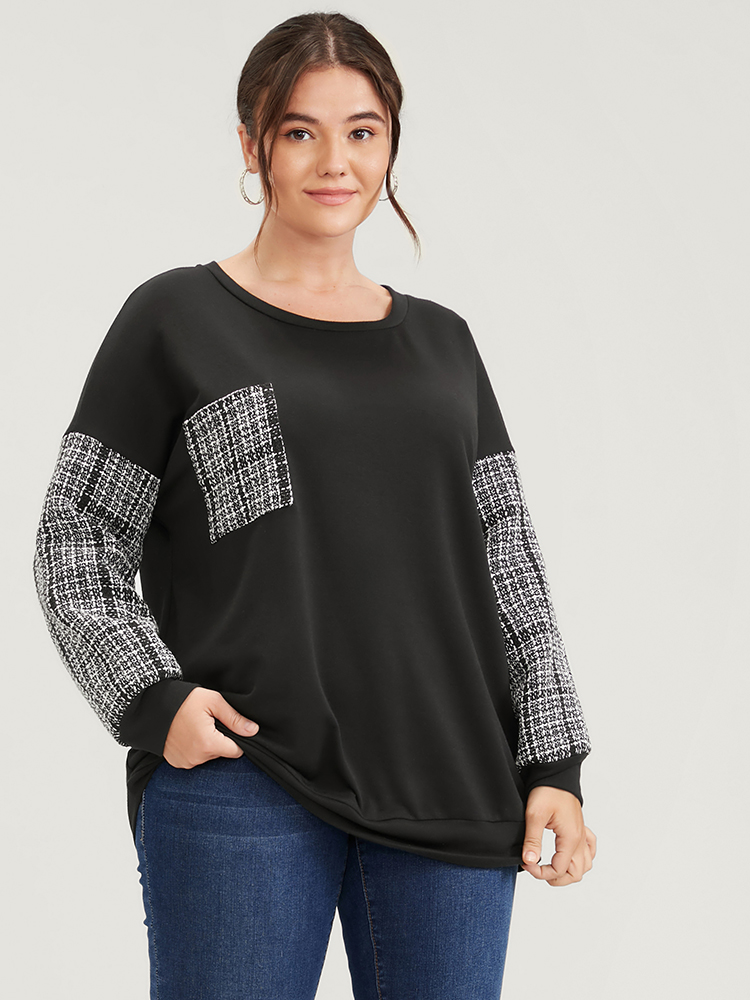 Plus Size Women Dailywear Geometric Patchwork Regular Regular Sleeve Long Sleeve Round Neck Pocket Casual Sweatshirts BloomChic 