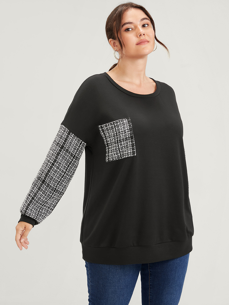 Plus Size Women Dailywear Geometric Patchwork Regular Regular Sleeve Long Sleeve Round Neck Pocket Casual Sweatshirts BloomChic 