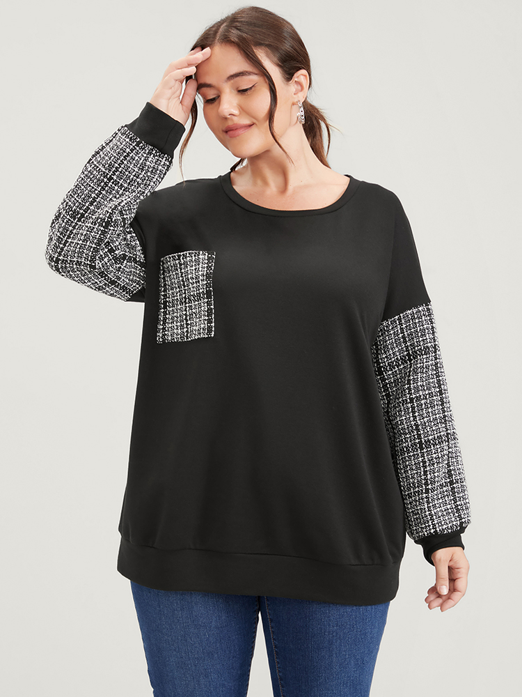 Plus Size Women Dailywear Geometric Patchwork Regular Regular Sleeve Long Sleeve Round Neck Pocket Casual Sweatshirts BloomChic 