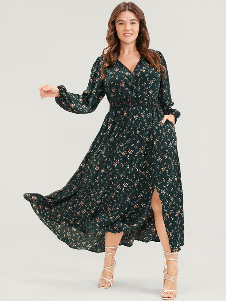 

Plus Size Ditsy Floral Lantern Sleeve Split Pocket Shirred Wrap Maxi Dress DarkGreen Women Elegant Pocket V-neck Long Sleeve Curvy Long Dress BloomChic