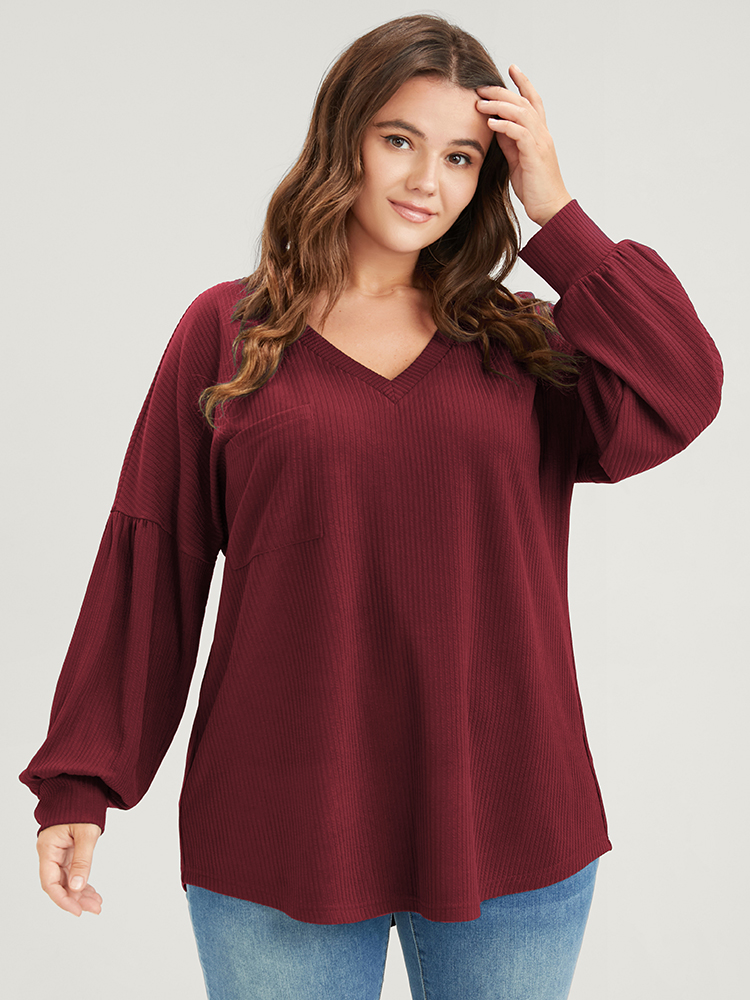 

Plus Size Solid Drop Shoulder Pocket Arc Hem Rib Knit Sweatshirt Women Burgundy Elegant Plain V-neck Dailywear Sweatshirts BloomChic