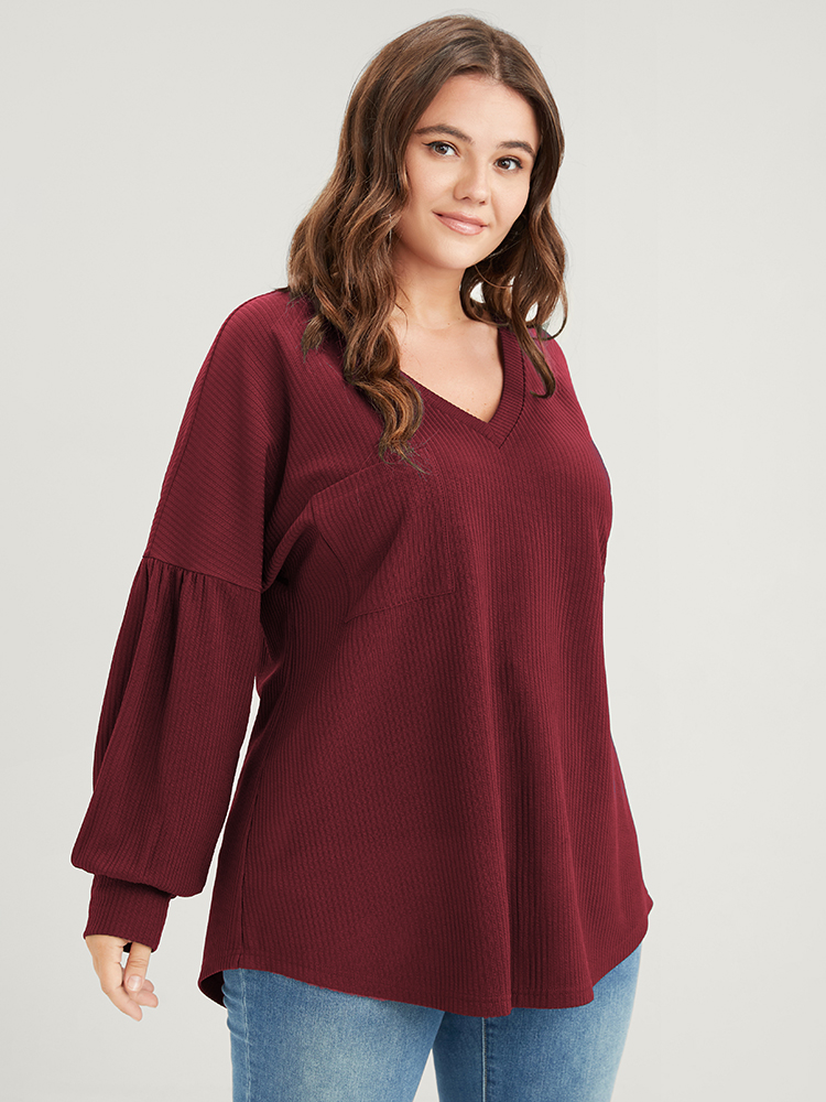 

Plus Size Solid Drop Shoulder Pocket Arc Hem Rib Knit Sweatshirt Women Burgundy Elegant Plain V-neck Dailywear Sweatshirts BloomChic