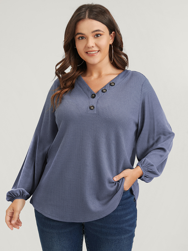 

Plus Size Solid Lantern Sleeve Button V Neck Waffle Knit Long Tee Stone Women Casual Button Plain V-neck Dailywear T-shirts BloomChic