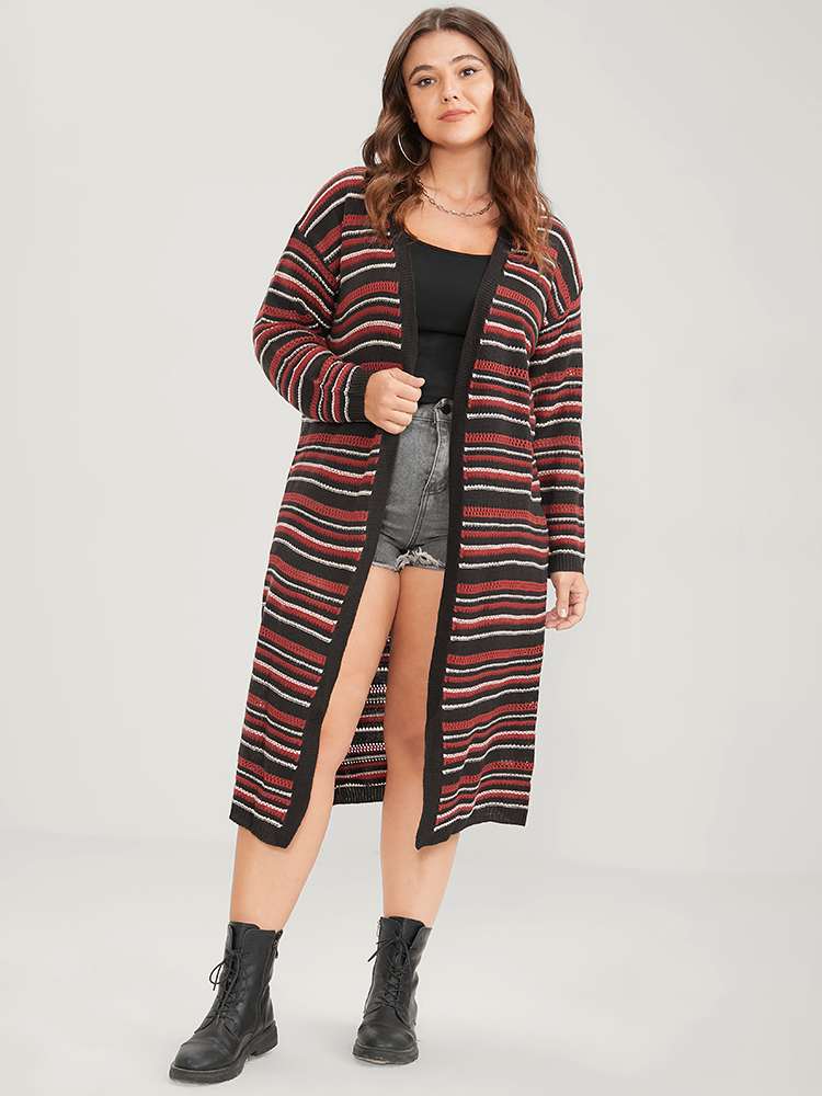 Striped Contrast Pointelle Knit Pocket Open Front Long Cardigan BloomChic 