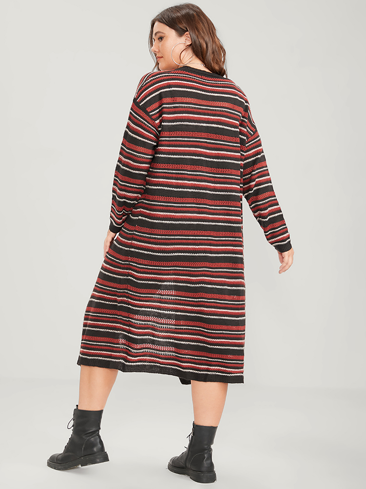 Striped Contrast Pointelle Knit Pocket Open Front Long Cardigan BloomChic 