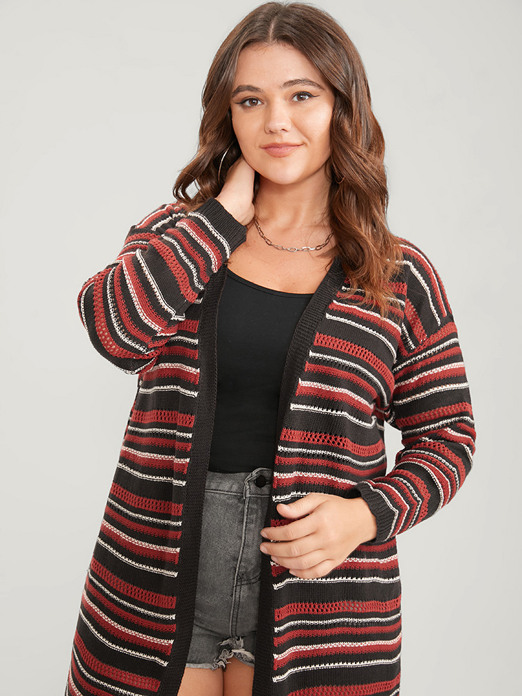 Striped Contrast Pointelle Knit Pocket Open Front Long Cardigan BloomChic 