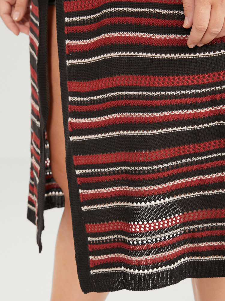 Striped Contrast Pointelle Knit Pocket Open Front Long Cardigan BloomChic 