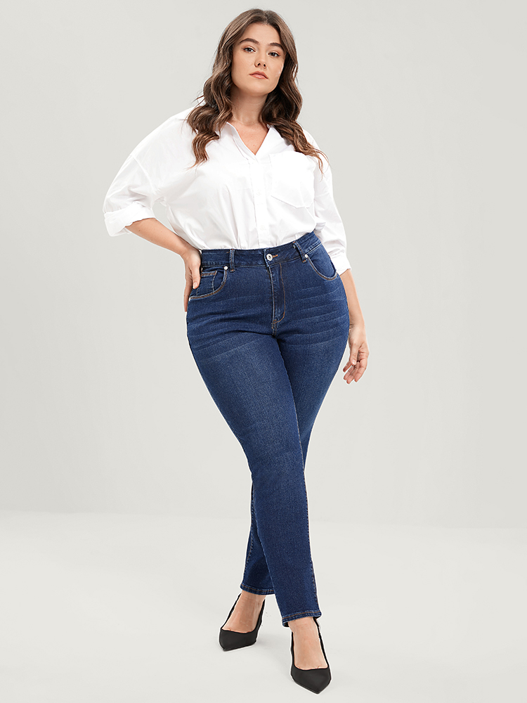 Plus Size Straight Very Stretchy High Rise Dark Wash Jeans Women DarkBlue Casual Plain Plain High stretch Pocket Jeans BloomChic 14/1X 