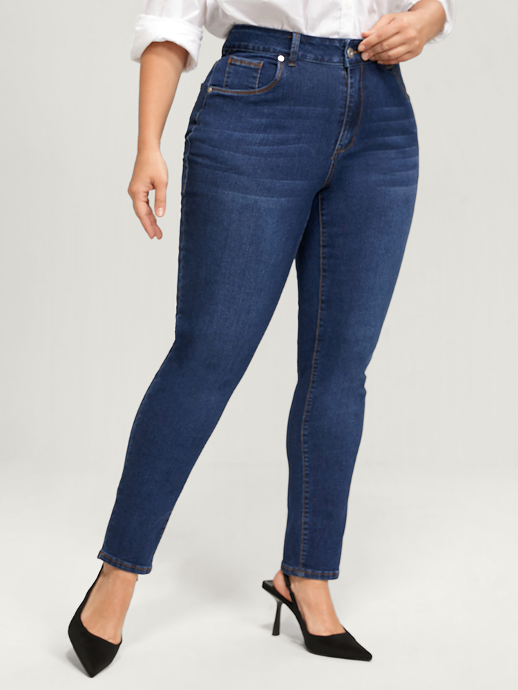 Plus Size Straight Very Stretchy High Rise Dark Wash Jeans Women DarkBlue Casual Plain Plain High stretch Pocket Jeans BloomChic 14/1X 