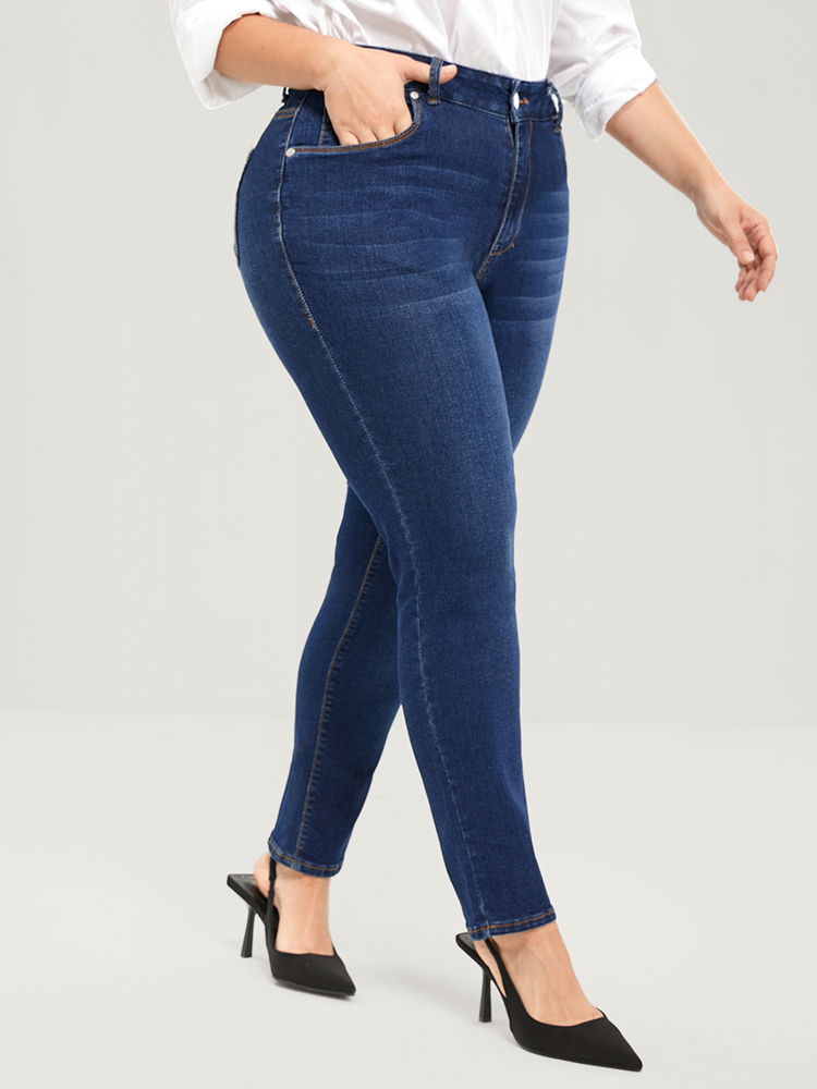 Plus Size Straight Very Stretchy High Rise Dark Wash Jeans Women DarkBlue Casual Plain Plain High stretch Pocket Jeans BloomChic 14/1X 