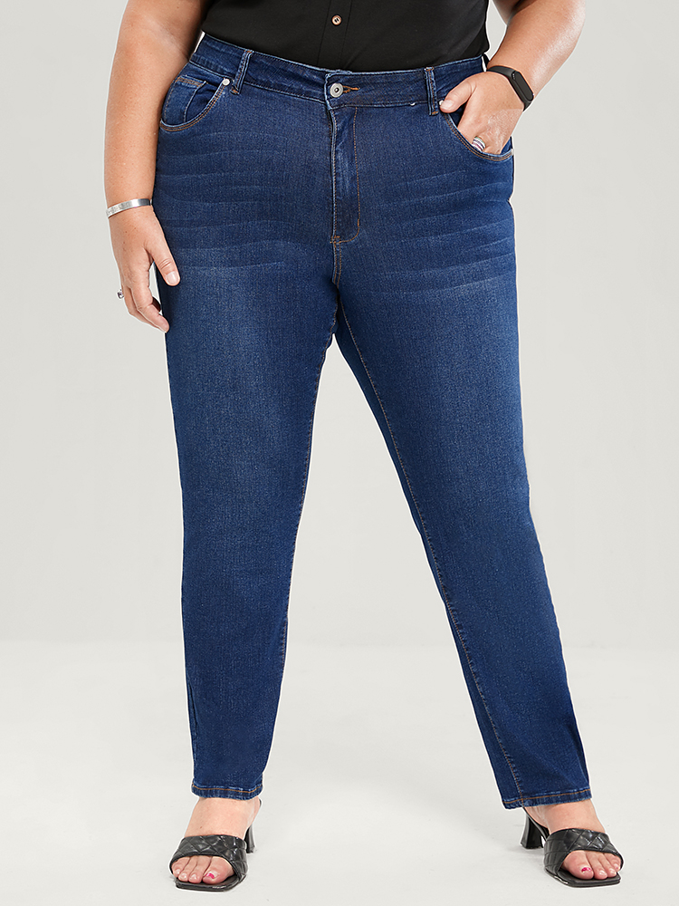 Plus Size Straight Very Stretchy High Rise Dark Wash Jeans Women DarkBlue Casual Plain Plain High stretch Pocket Jeans BloomChic 14/1X 
