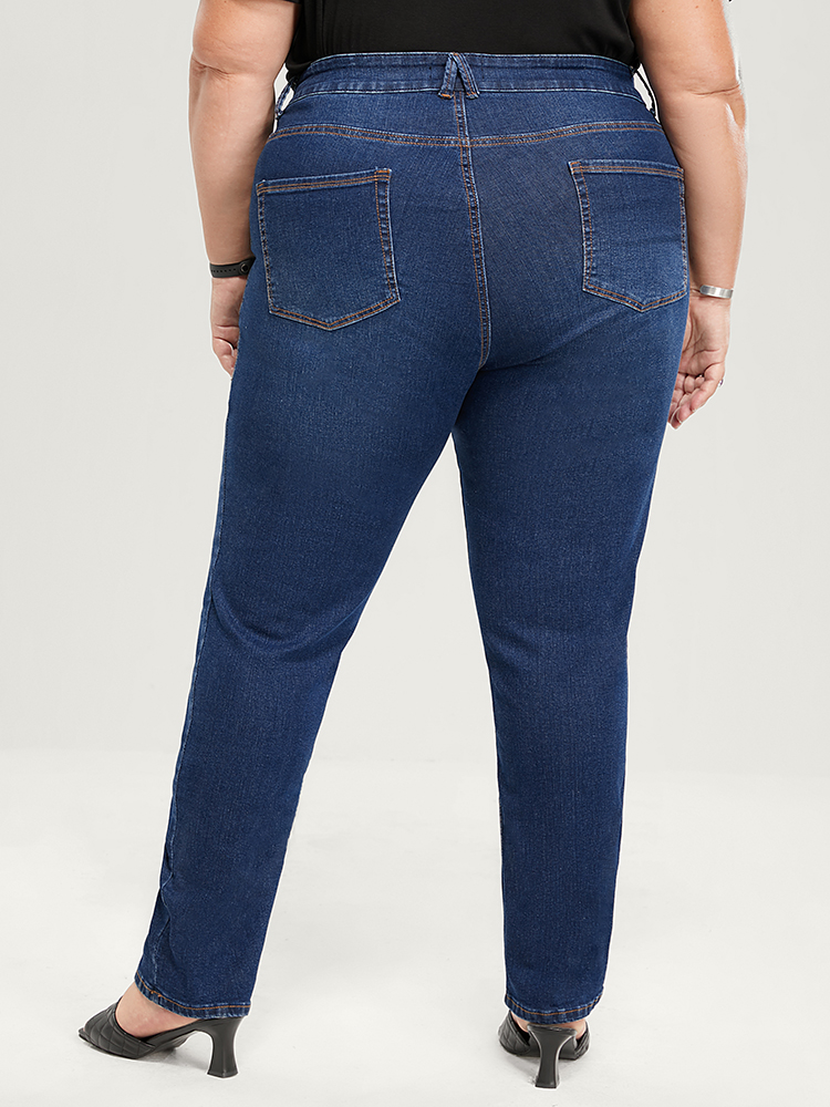 Plus Size Straight Very Stretchy High Rise Dark Wash Jeans Women DarkBlue Casual Plain Plain High stretch Pocket Jeans BloomChic 14/1X 