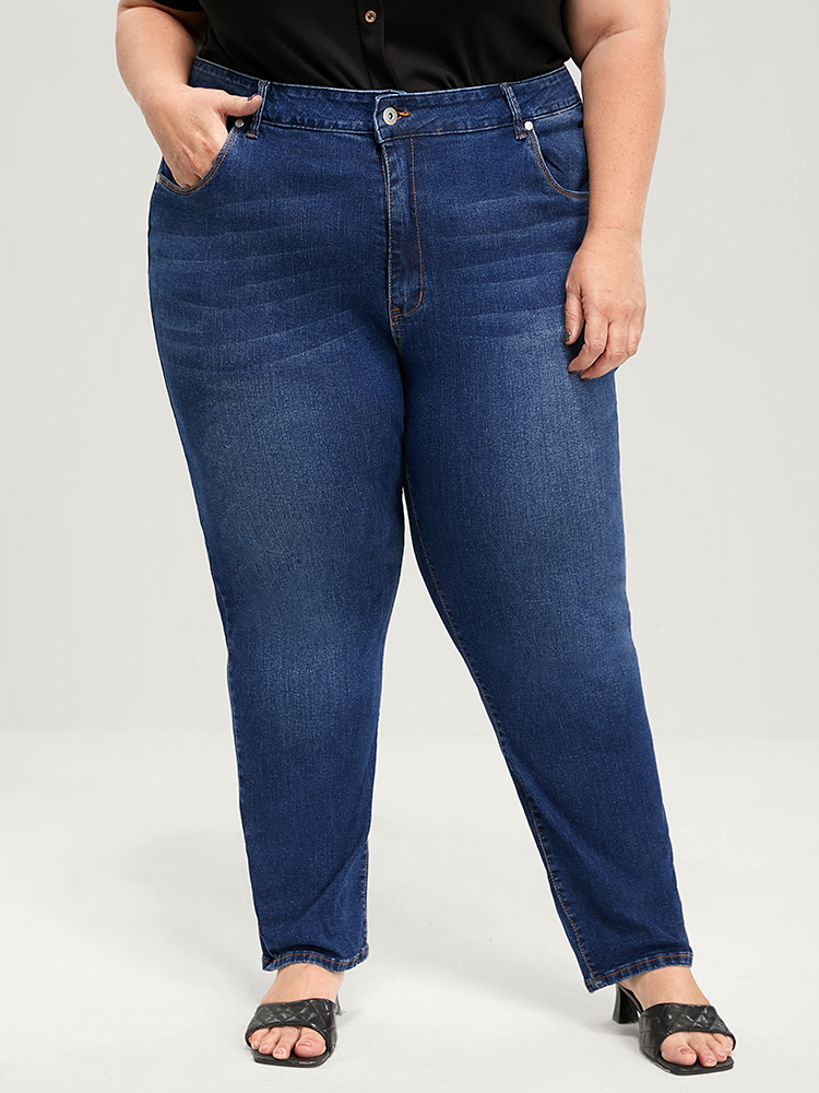 Plus Size Straight Very Stretchy High Rise Dark Wash Jeans Women DarkBlue Casual Plain Plain High stretch Pocket Jeans BloomChic 14/1X 