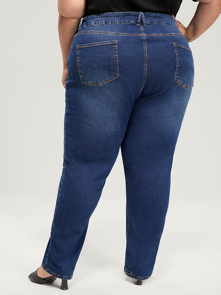 Plus Size Straight Very Stretchy High Rise Dark Wash Jeans Women DarkBlue Casual Plain Plain High stretch Pocket Jeans BloomChic 14/1X 