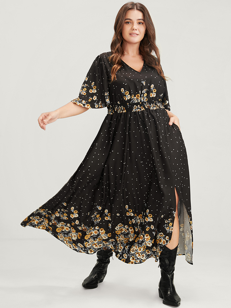 

Plus Size Floral Pocket Split Hem Flutter Shirred Maxi Dress Black Women Casual Printed V-neck Half Sleeve Curvy Midi Dress BloomChic