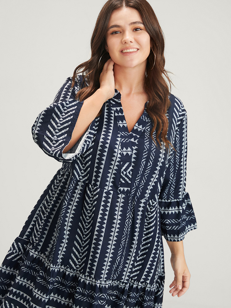 Plus Size Bloom Dress -Geometric Pocket Ruffles V Neck Knee Dress DarkBlue Women Vacation Pocket V-neck Elbow-length sleeve Curvy Knee Dress BloomChic 10/M 