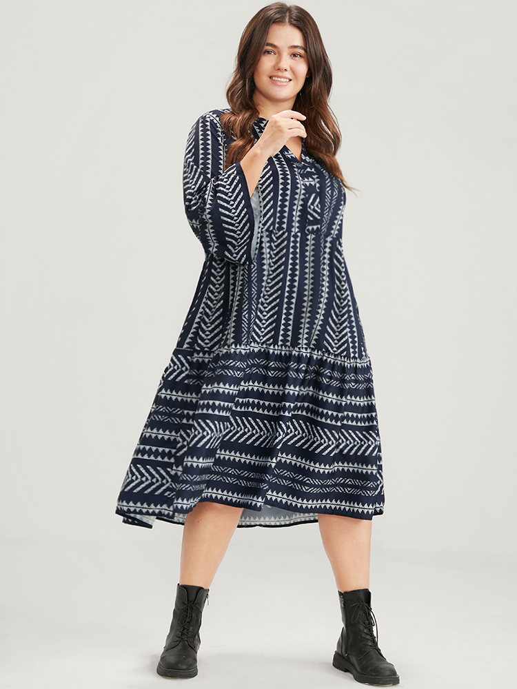 Plus Size Bloom Dress -Geometric Pocket Ruffles V Neck Knee Dress DarkBlue Women Vacation Pocket V-neck Elbow-length sleeve Curvy Knee Dress BloomChic 10/M 