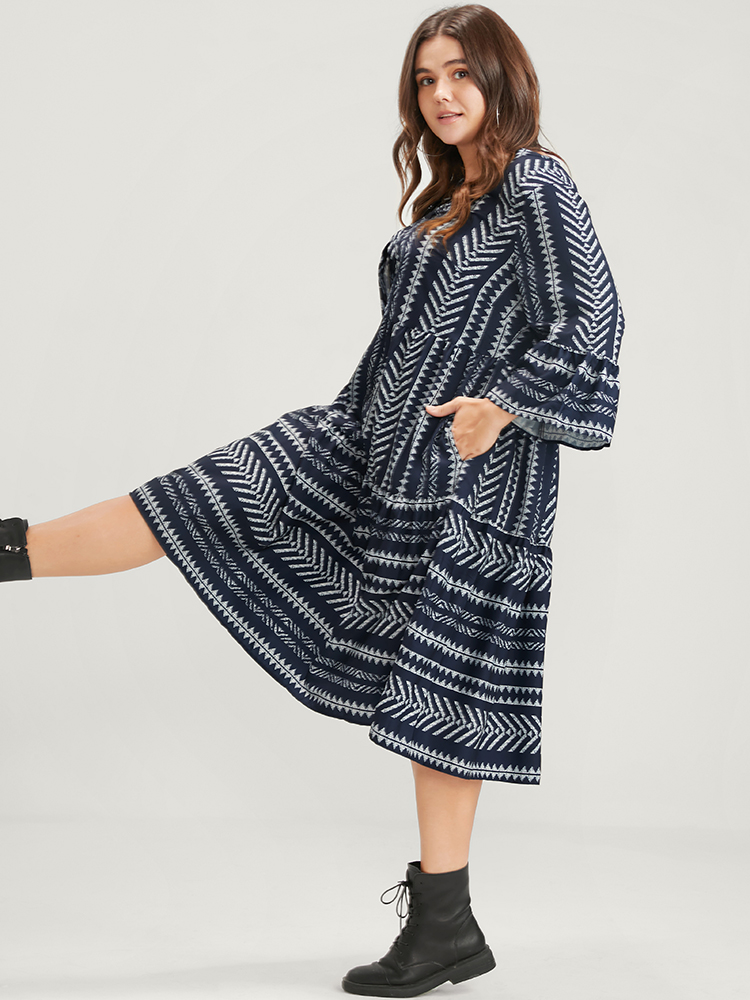Plus Size Bloom Dress -Geometric Pocket Ruffles V Neck Knee Dress DarkBlue Women Vacation Pocket V-neck Elbow-length sleeve Curvy Knee Dress BloomChic 10/M 
