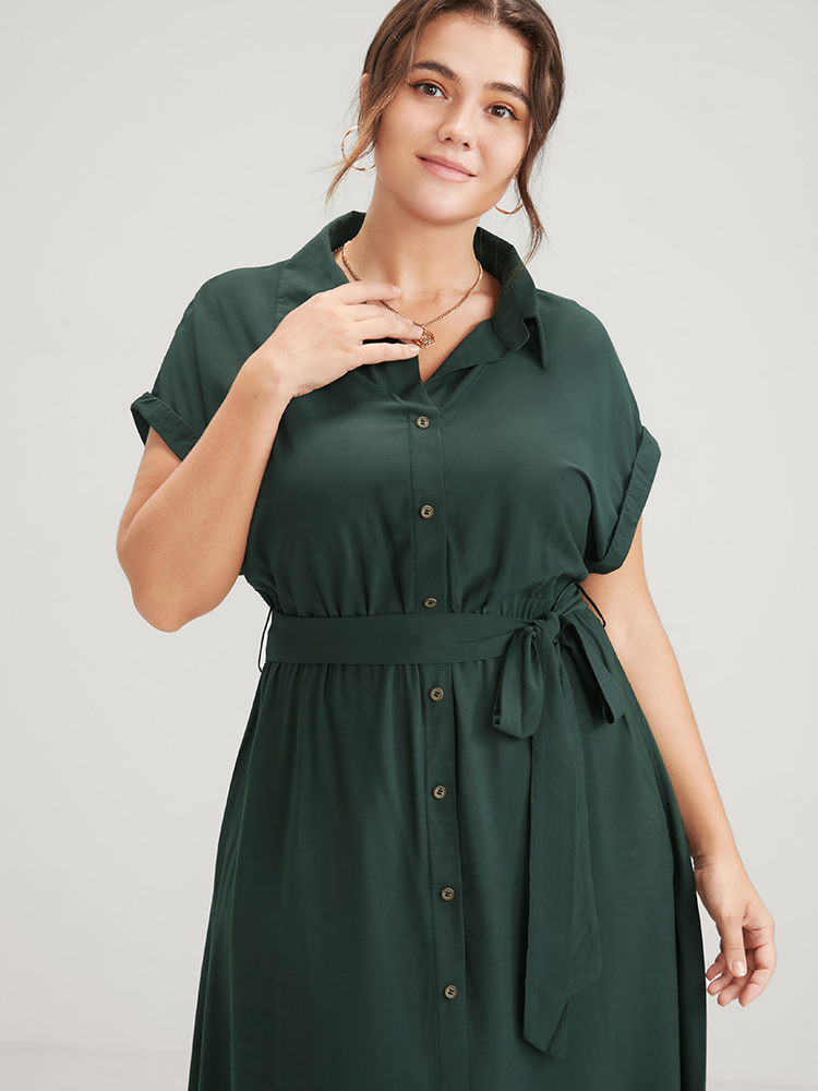 

Plus Size Solid Button Cuffed Sleeve Belted Split Midi Dress Green Women Office Button Lapel Collar Short sleeve Curvy Midi Dress BloomChic