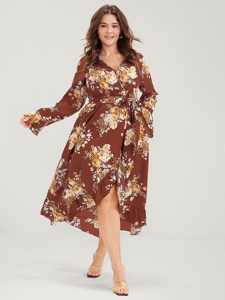 

Plus Size Floral Pocket Belted Ruffles High Low Hem Wrap Midi Dress Rust Women Elegant Elastic Waist V-neck Long Sleeve Curvy Midi Dress BloomChic