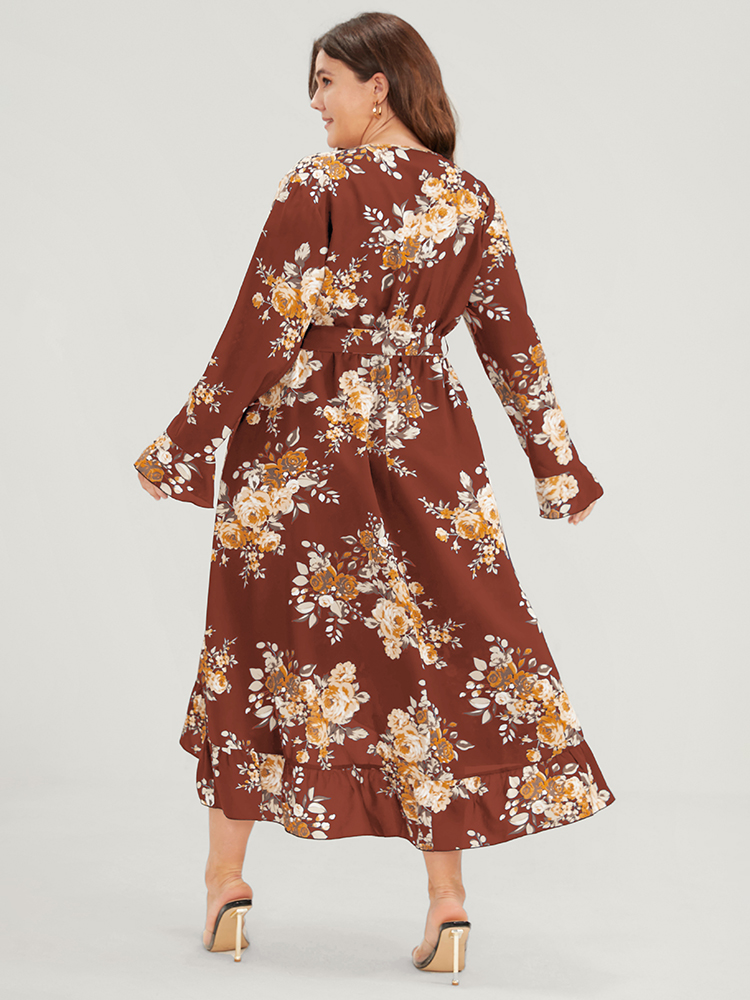 

Plus Size Floral Pocket Belted Ruffles High Low Hem Wrap Midi Dress Rust Women Elegant Elastic Waist V-neck Long Sleeve Curvy Midi Dress BloomChic