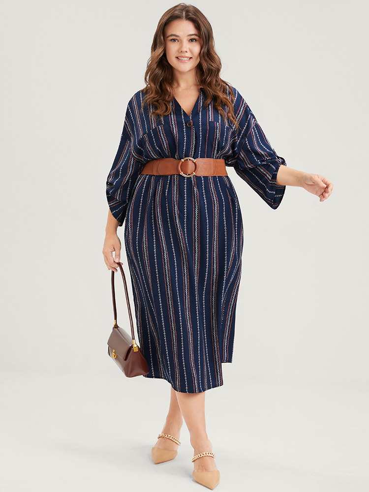 

Plus Size Asymmetrical Striped Patchwork Button Pocket Cuffed Sleeve Midi Dress DarkBlue Women Vacation Button V-neck Long Sleeve Curvy Midi Dress BloomChic