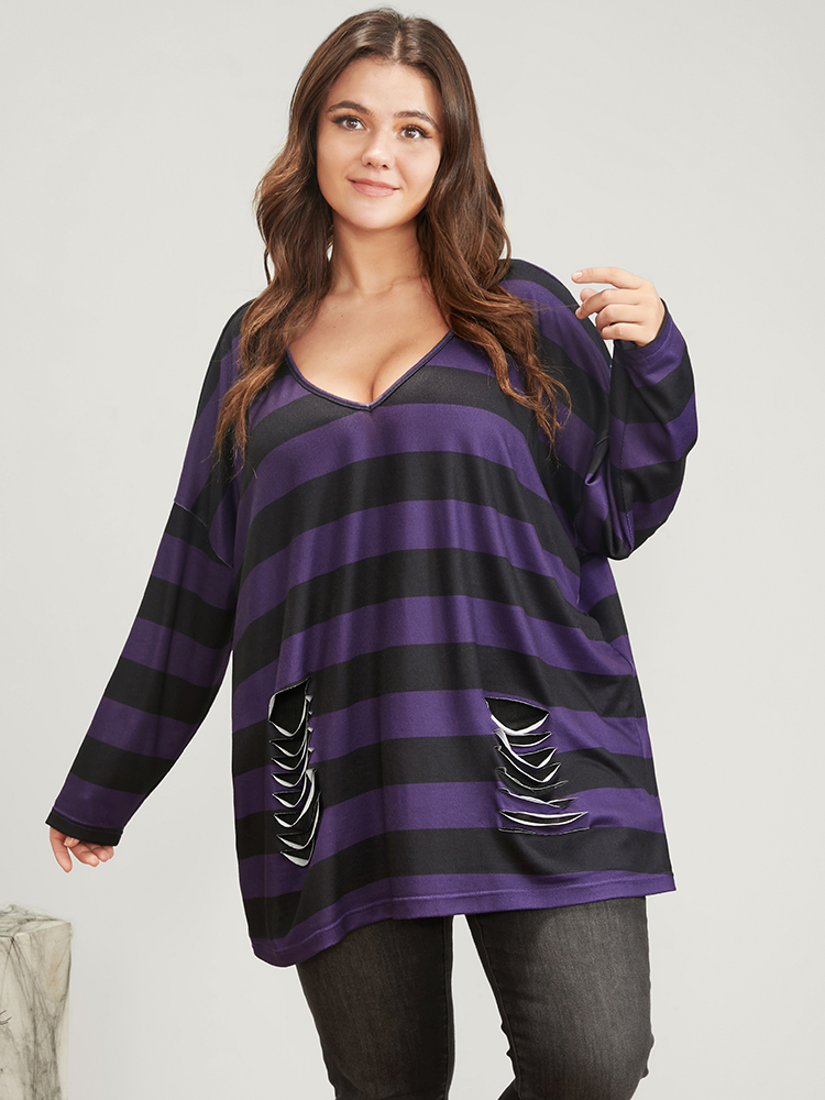 

Plus Size Halloween Striped V Neck Distressed Long Tee Purple Women Casual Cut-Out Striped V-neck Festival-Halloween T-shirts BloomChic