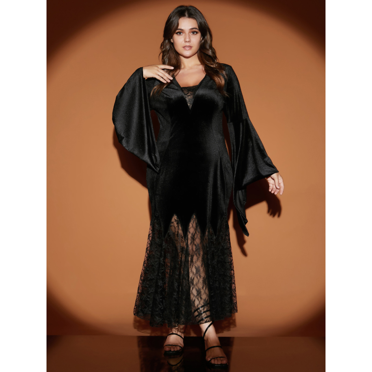 

Plus Size Halloween Bell Sleeve Velvet Lace Insert Maxi Dress Black Women Slit V-neck Long Sleeve Curvy Long Dress BloomChic