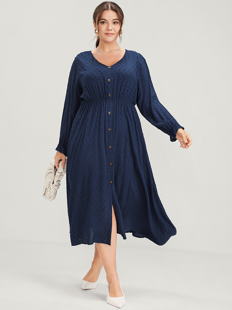 

Plus Size Polka Dot Lantern Sleeve Pocket Button Front Midi Dress Navy Women Casual Button V-neck Long Sleeve Curvy Midi Dress BloomChic