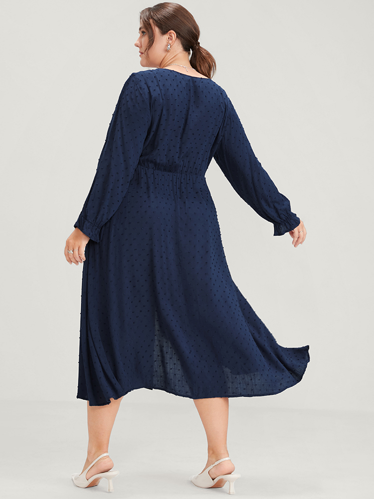 Plus Size Polka Dot Lantern Sleeve Pocket Button Front Midi Dress Navy Women Casual Button V-neck Long Sleeve Curvy Midi Dress BloomChic 18-20/2X 