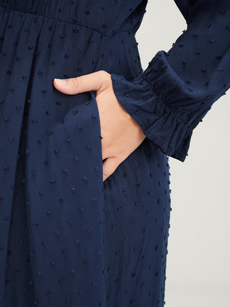 Plus Size Polka Dot Lantern Sleeve Pocket Button Front Midi Dress Navy Women Casual Button V-neck Long Sleeve Curvy Midi Dress BloomChic 18-20/2X 