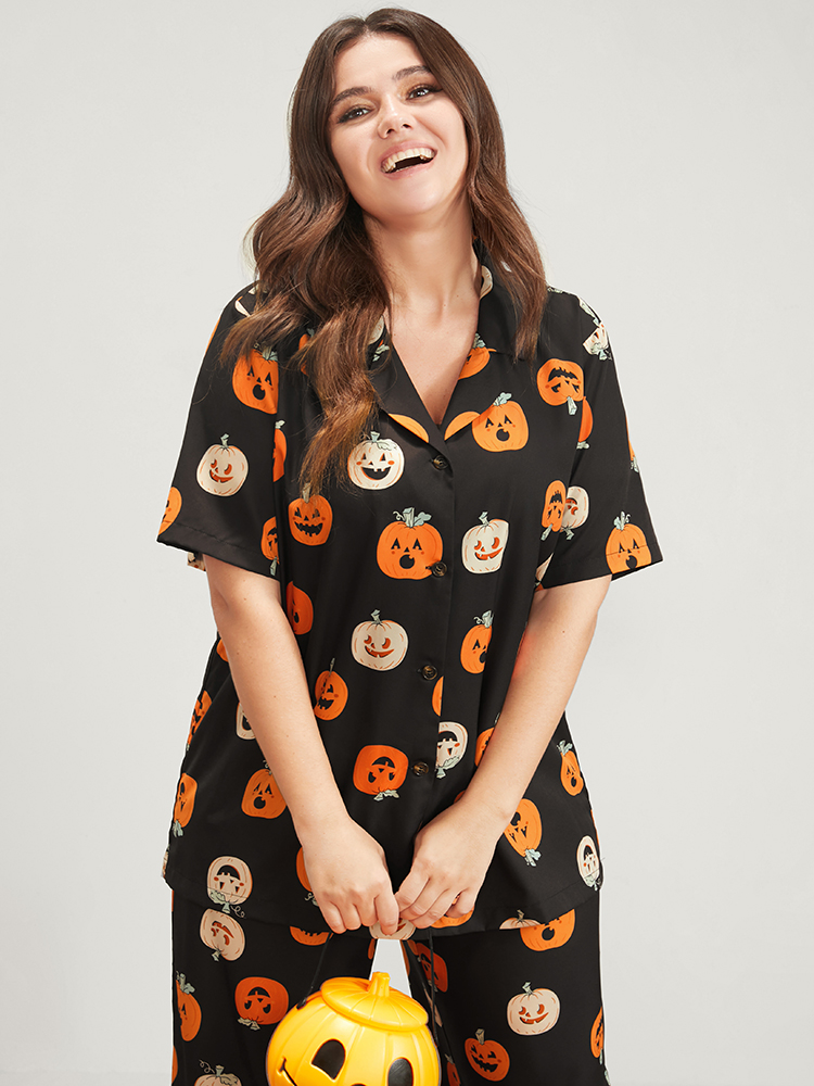 Plus Size Women Festival-Halloween Graphic-Halloween Printed Regular Sleeve Short sleeve Lapel Collar Pocket Casual Loungewear BloomChic 
