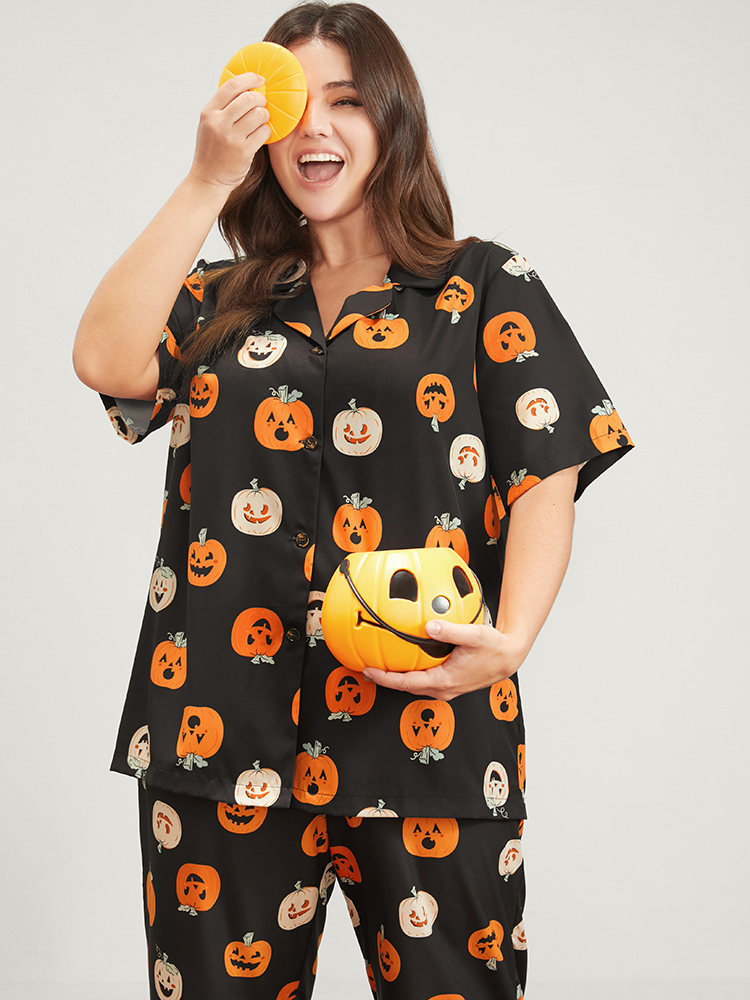 Plus Size Women Festival-Halloween Graphic-Halloween Printed Regular Sleeve Short sleeve Lapel Collar Pocket Casual Loungewear BloomChic 