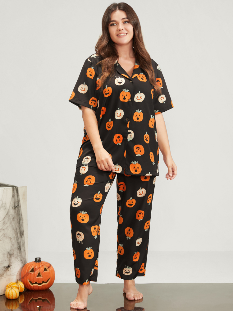 Plus Size Women Festival-Halloween Graphic-Halloween Printed Regular Sleeve Short sleeve Lapel Collar Pocket Casual Loungewear BloomChic 