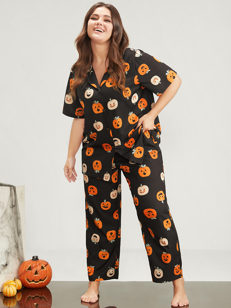 Plus Size Women Festival-Halloween Graphic-Halloween Printed Regular Sleeve Short sleeve Lapel Collar Pocket Casual Loungewear BloomChic 
