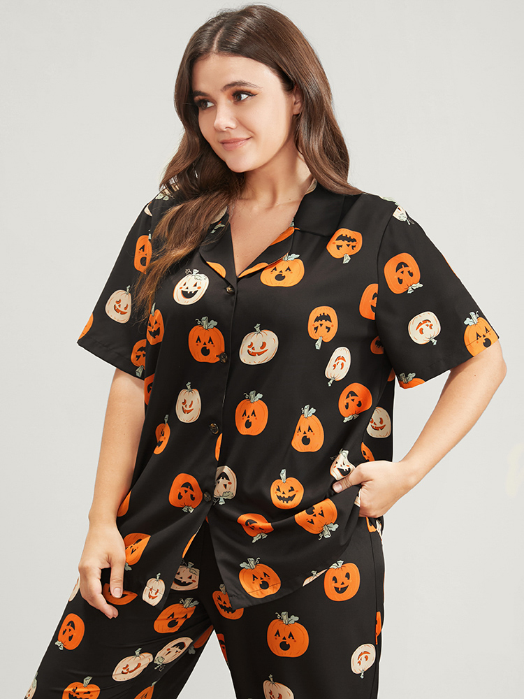 

Plus Size Halloween Pumpkin Print Lapel Collar Button Pajama Set Women Black Graphic-Halloween Printed Short sleeve Lapel Collar Casual Loungewear Sets BloomChic