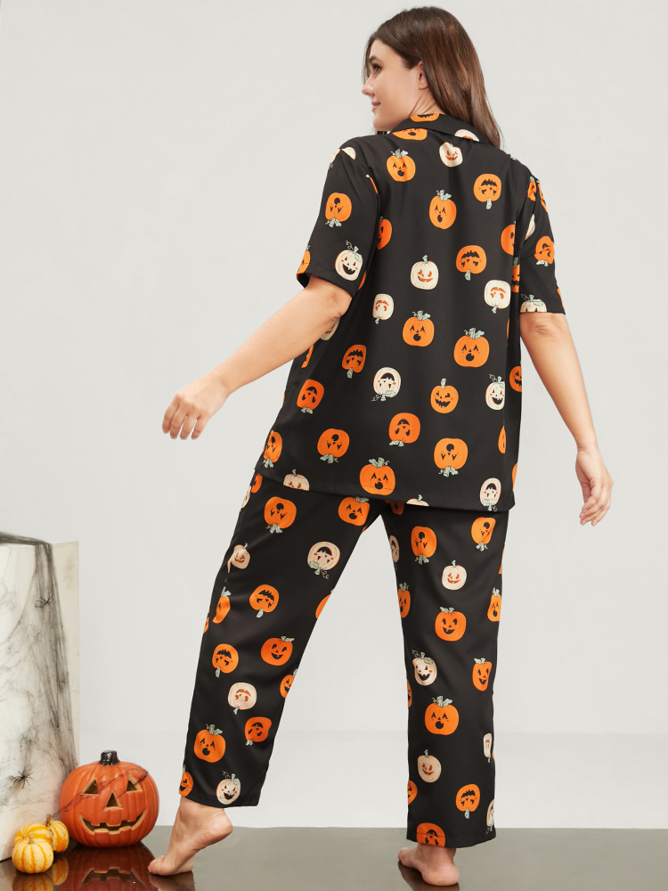 Plus Size Women Festival-Halloween Graphic-Halloween Printed Regular Sleeve Short sleeve Lapel Collar Pocket Casual Loungewear BloomChic 