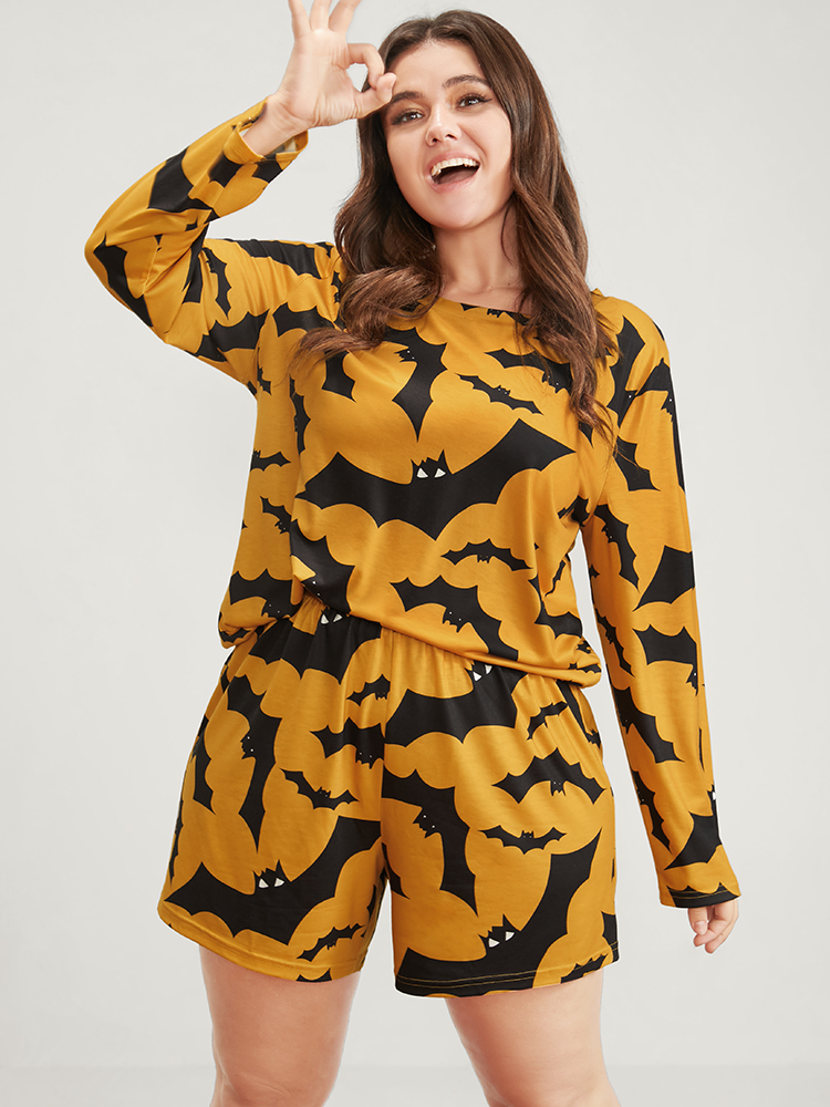 

Plus Size Halloween Bat Print Pajama Set Women Orange Graphic-Halloween Printed Long Sleeve Round Neck Casual Loungewear Sets BloomChic