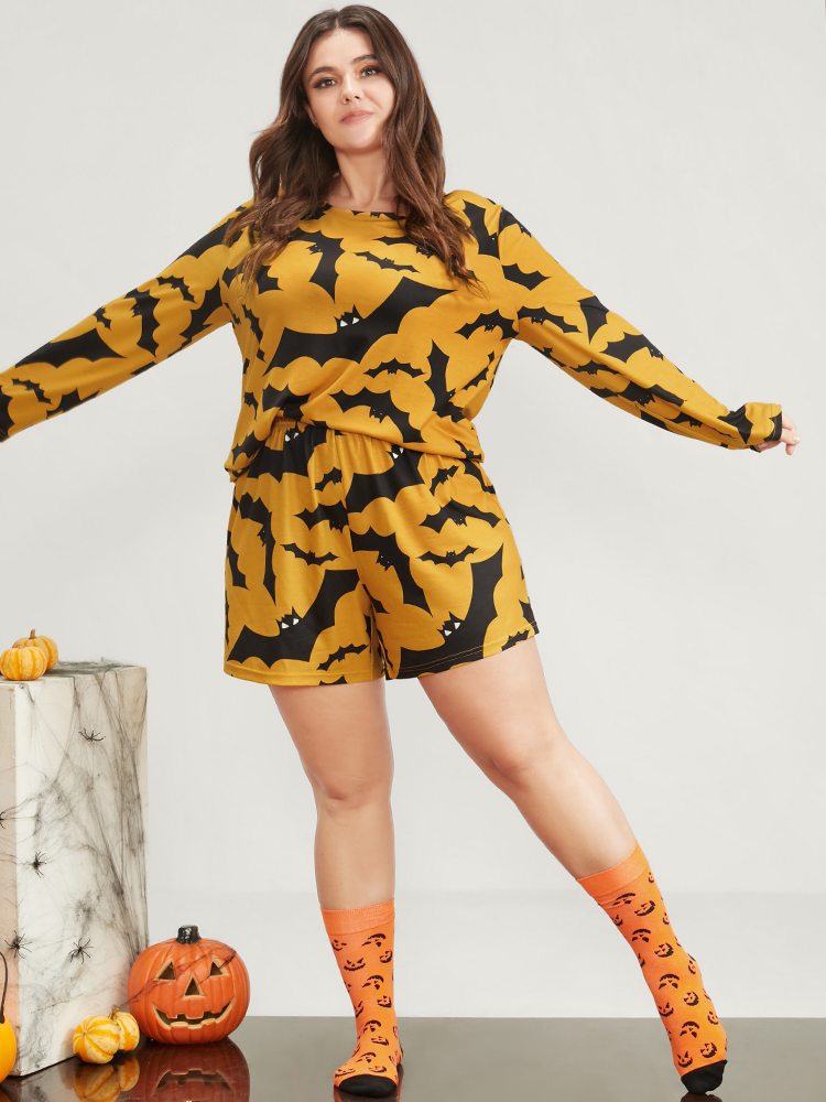 Plus Size Halloween Bat Print Pajama Set Women Orange Graphic-Halloween Printed Long Sleeve Round Neck Casual Loungewear Sets BloomChic 28/5X 