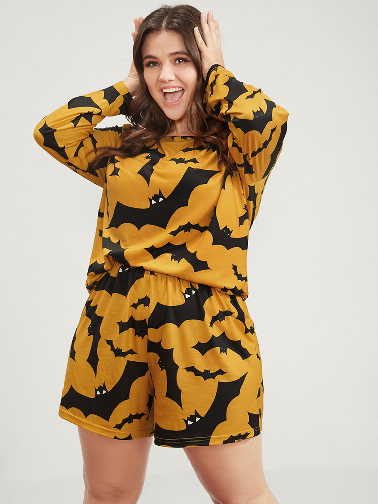 Plus Size Halloween Bat Print Pajama Set Women Orange Graphic-Halloween Printed Long Sleeve Round Neck Casual Loungewear Sets BloomChic 28/5X 