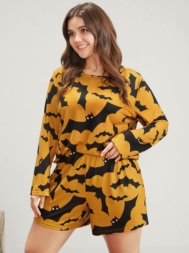Plus Size Halloween Bat Print Pajama Set Women Orange Graphic-Halloween Printed Long Sleeve Round Neck Casual Loungewear Sets BloomChic 28/5X 