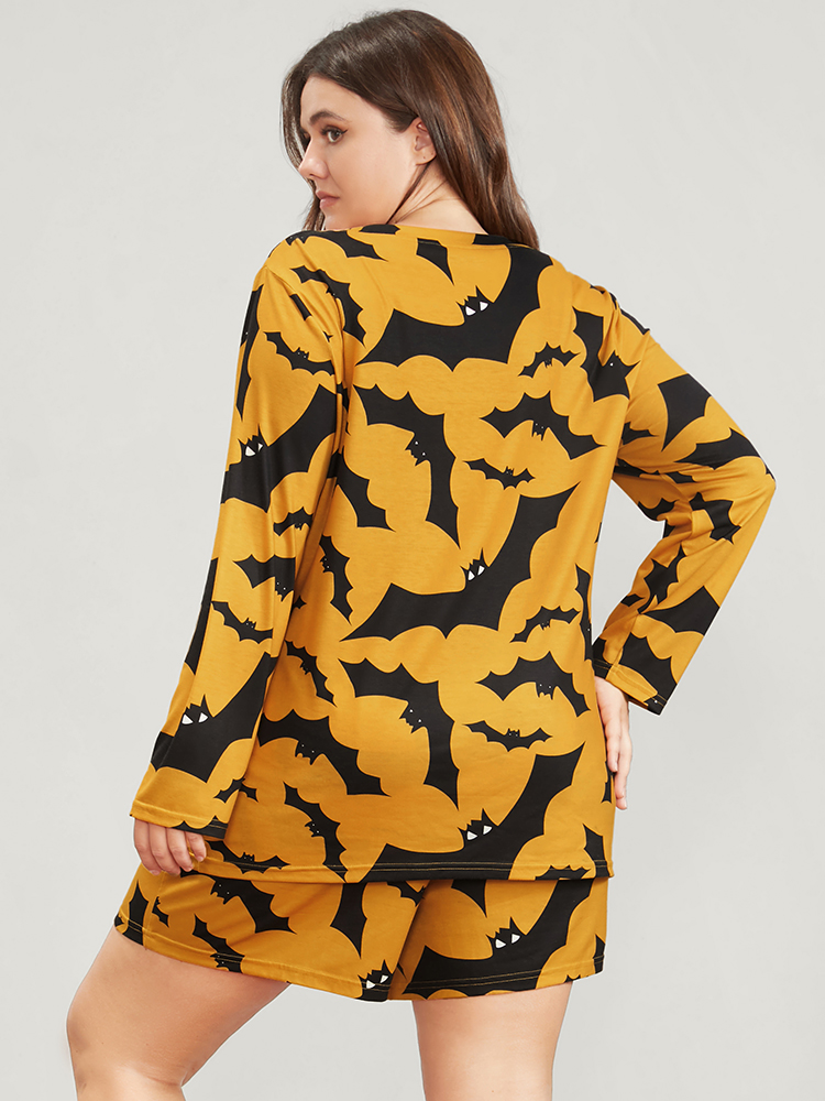 Plus Size Halloween Bat Print Pajama Set Women Orange Graphic-Halloween Printed Long Sleeve Round Neck Casual Loungewear Sets BloomChic 28/5X 