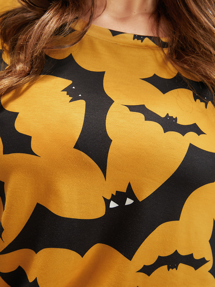 Plus Size Halloween Bat Print Pajama Set Women Orange Graphic-Halloween Printed Long Sleeve Round Neck Casual Loungewear Sets BloomChic 28/5X 