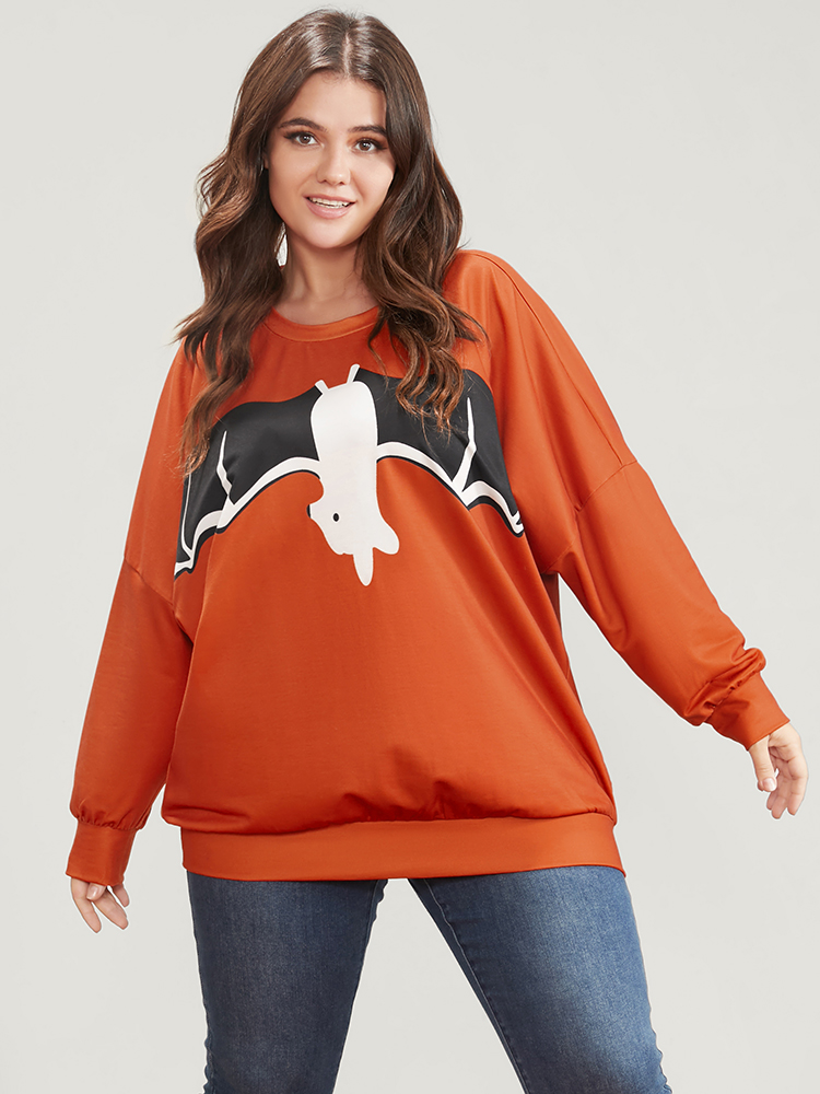 

Plus Size Halloween Bat Print Round Neck Drop Shoulder Sweatshirt Women Orange Casual Printed Round Neck Festival-Halloween Sweatshirts BloomChic